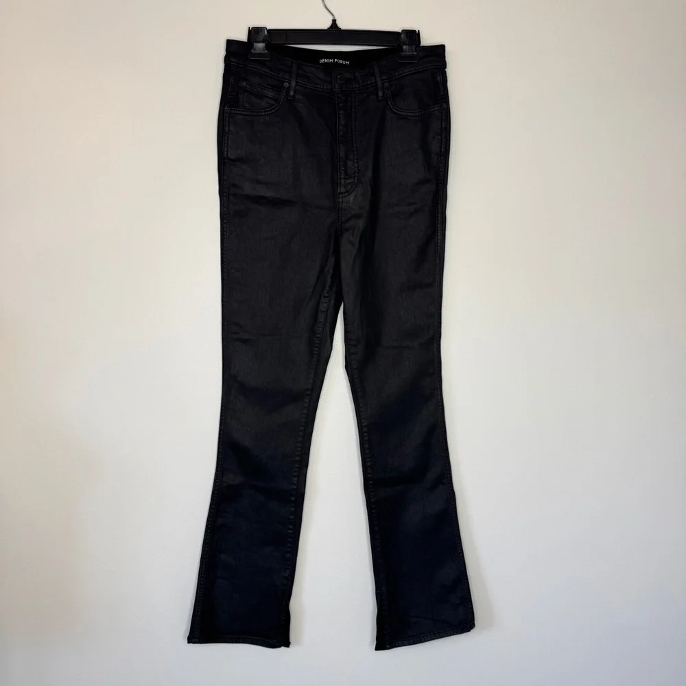 Denim Forum The Lola Split Hi Rise Skinny Jean Coated Stay Black Waxed Sz 32 - Picture 2 of 16
